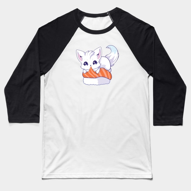 Arctic Fox Salmon Sushi Baseball T-Shirt by Myanko